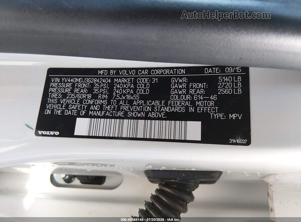 YV440MDJ3G2842404 2016 VOLVO XC60 Белый Вид подкапотного пространства
