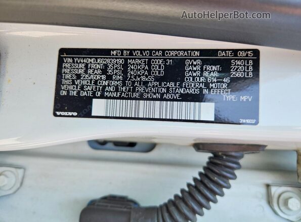 YV440MDJ6G2839190 2016 VOLVO XC60 White Вид наклейки з VIN-кодом