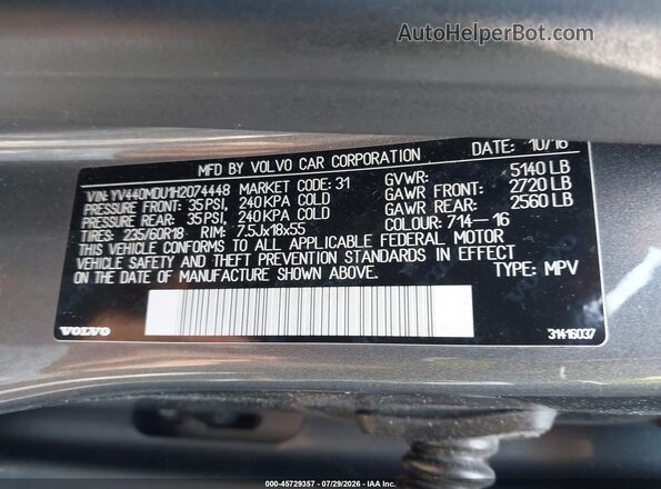 YV440MDU1H2074448 2017 VOLVO XC60 Black Engine compartment view