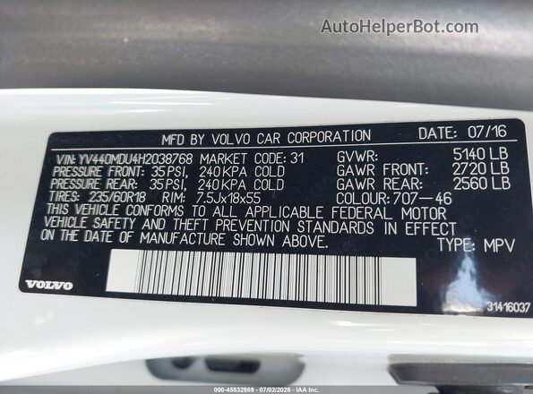 YV440MDU4H2038768 2017 VOLVO XC60 White Շարժիչի բաժամունքի տեսք