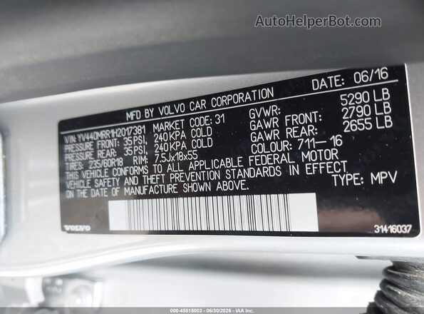YV440MRR1H2017381 2017 VOLVO XC60 Silver ძრავის განყოფილების ხედი