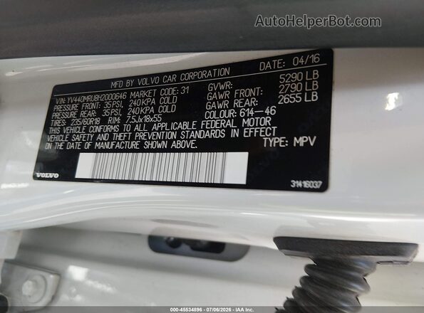 YV440MRU8H2000646 2017 VOLVO XC60 White Widok komory silnika