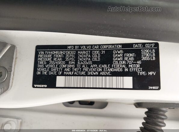 YV440MRU9H2136302 2017 VOLVO XC60 White Շարժիչի բաժամունքի տեսք