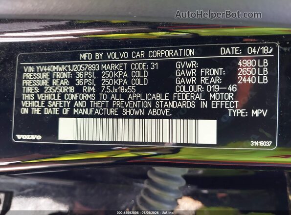 YV440MWK1J2057893 2018 VOLVO V60 CROSS COUNTRY Black Engine compartment view
