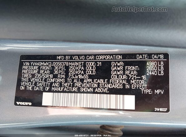 YV440MWK2J2056378 2018 VOLVO V60 CROSS COUNTRY Light Blue Շարժիչի բաժամունքի տեսք