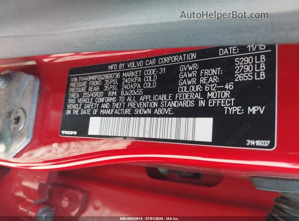 YV449MRP0G2868736 2016 VOLVO XC60 Red ძრავის განყოფილების ხედი