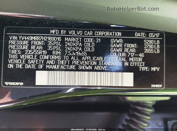 YV449MRR7H2189016 2017 VOLVO XC60 Black Շարժիչի բաժամունքի տեսք