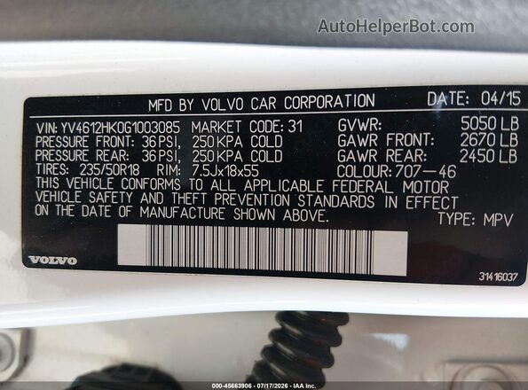 YV4612HK0G1003085 2016 VOLVO V60 CROSS COUNTRY White Vista del compartimento del motor