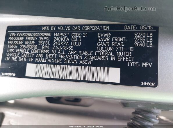 YV4612RK3G2782880 2016 VOLVO XC60 Silver Vista del compartimento del motor