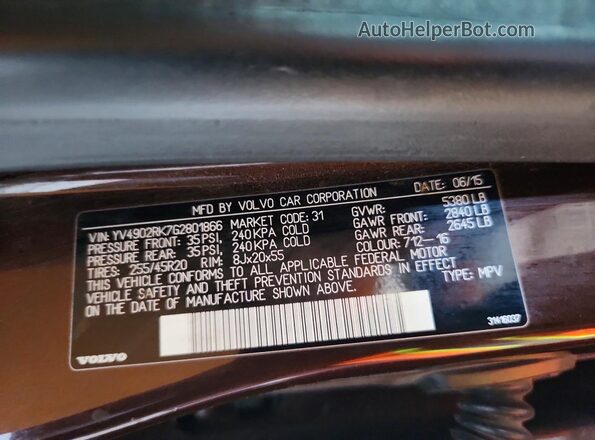 YV4902RK7G2801866 2016 VOLVO XC60 Brown Вид наклейки з VIN-кодом