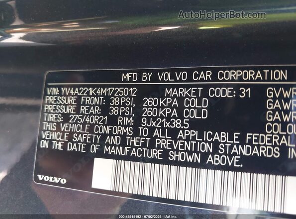 YV4A221K4M1725012 2021 VOLVO XC90 Gray Engine compartment view