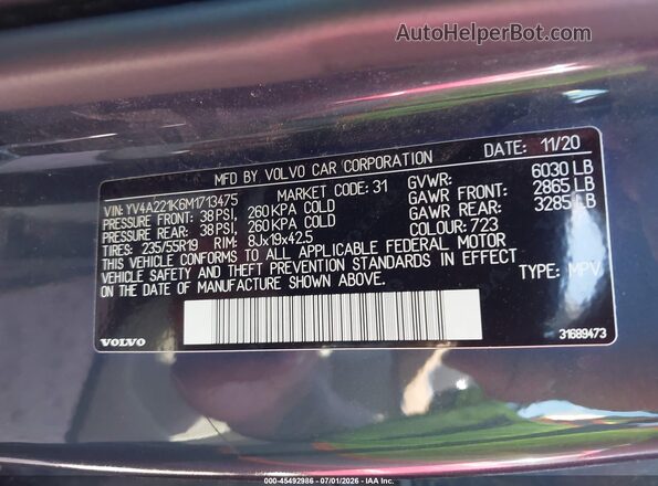 YV4A221K6M1713475 2021 VOLVO XC90 Blue Engine compartment view