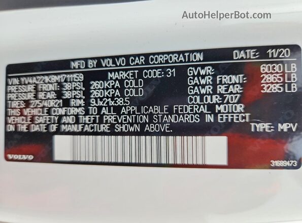 YV4A221K8M1711159 2021 VOLVO XC90 White Вид наклейки з VIN-кодом