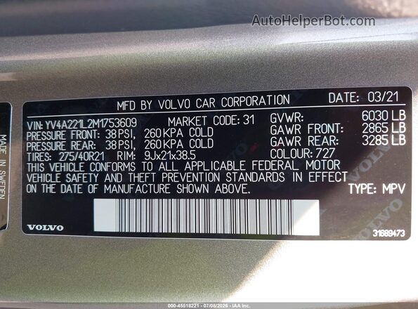 YV4A221L2M1753609 2021 VOLVO XC90 Gray ძრავის განყოფილების ხედი
