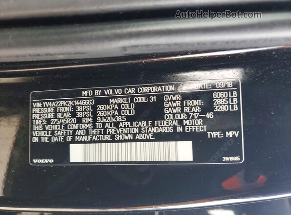 YV4A22PK2K1446663 2019 VOLVO XC90 Black VIN կոդի պիտակի տեսք