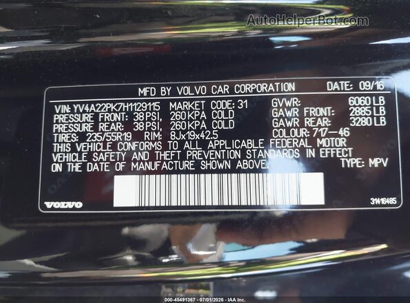 YV4A22PK7H1129115 2017 VOLVO XC90 Black Engine compartment view