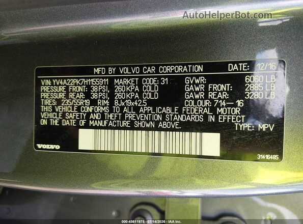YV4A22PK7H1155911 2017 VOLVO XC90 Silver Vista del compartimento del motor