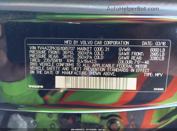 YV4A22PKXG1085707 2016 VOLVO XC90 Черный Вид подкапотного пространства