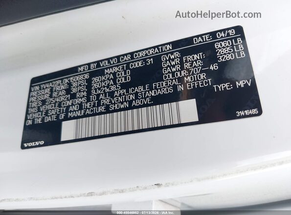 YV4A22PL0K1506836 2019 VOLVO XC90 White Engine compartment view