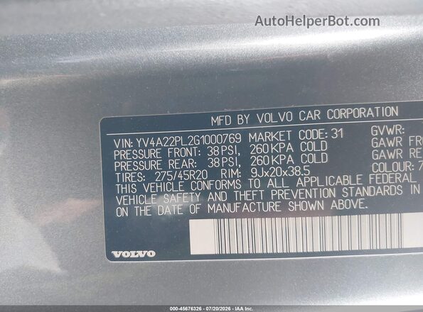 YV4A22PL2G1000769 2016 VOLVO XC90 Gray Շարժիչի բաժամունքի տեսք