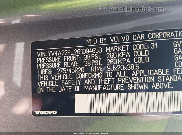 YV4A22PL2G1094653 2016 VOLVO XC90 Gray Вид підкапотного простору
