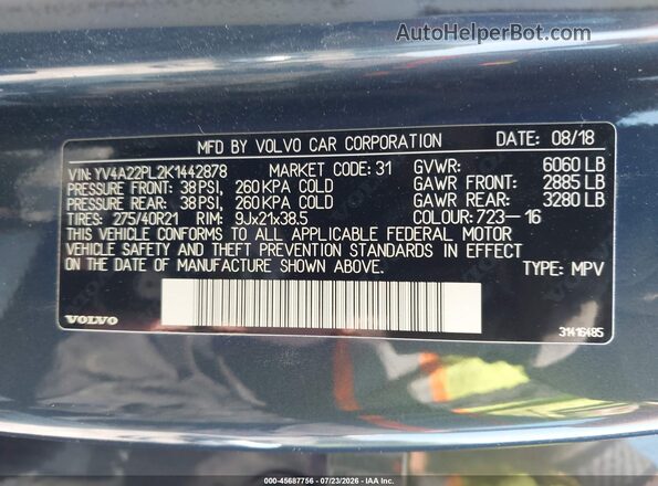 YV4A22PL2K1442878 2019 VOLVO XC90 Blue ძრავის განყოფილების ხედი