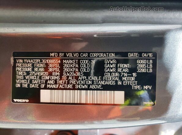 YV4A22PL3G1088554 2016 VOLVO XC90 Blue Вид наклейки з VIN-кодом