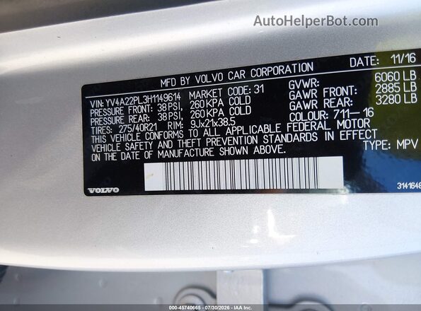 YV4A22PL3H1149614 2017 VOLVO XC90 Gray Widok komory silnika