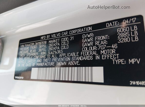 YV4A22PL3H1187618 2017 VOLVO XC90 White Vista del compartimento del motor