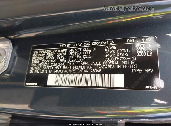 YV4A22PL3J1344652 2018 VOLVO XC90 Blue Vista del compartimento del motor