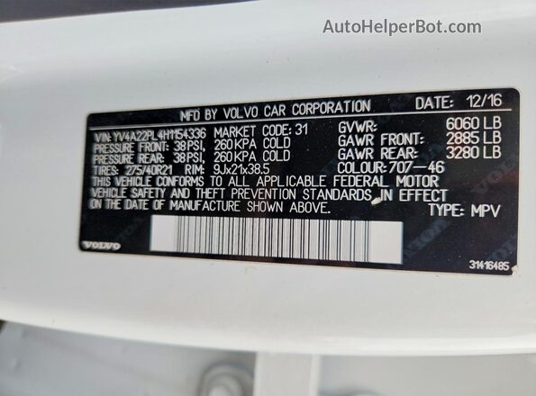 YV4A22PL4H1154336 2017 VOLVO XC90 White Widok naklejki z numerem VIN