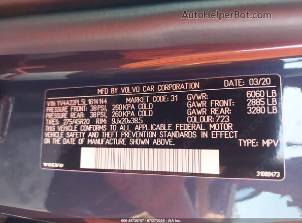YV4A22PL5L1614144 2020 VOLVO XC90 Синий Вид подкапотного пространства