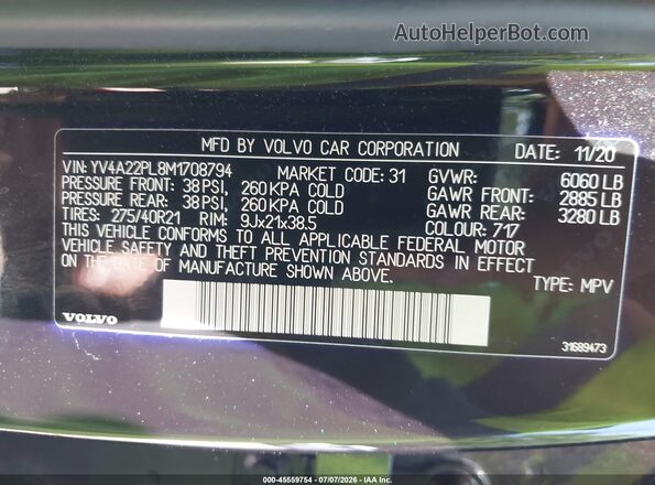 YV4A22PL8M1708794 2021 VOLVO XC90 Черный Вид подкапотного пространства