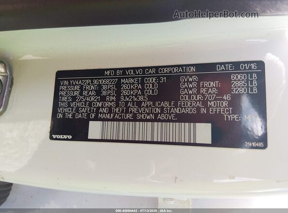 YV4A22PL9G1068227 2016 VOLVO XC90 White Engine compartment view