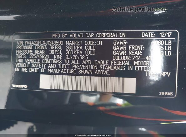 YV4A22PLXJ1349590 2018 VOLVO XC90 Black Widok komory silnika