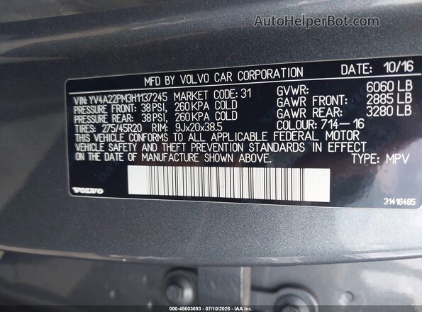 YV4A22PM3H1137245 2017 VOLVO XC90 Gray Vista del compartimento del motor