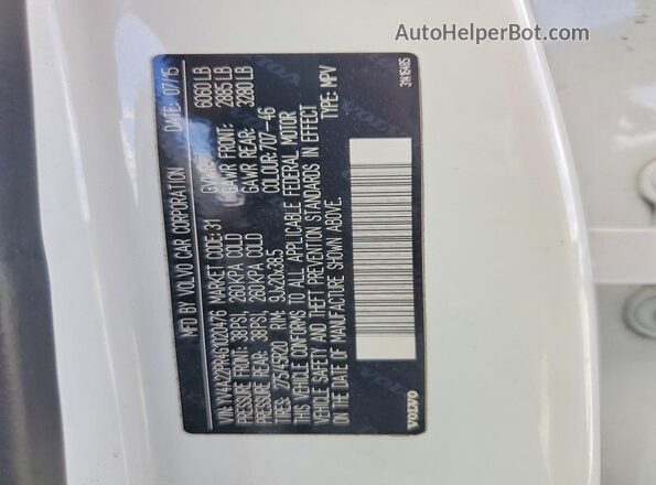YV4A22PR4G1020476 2016 VOLVO XC90 White Вид наклейки з VIN-кодом