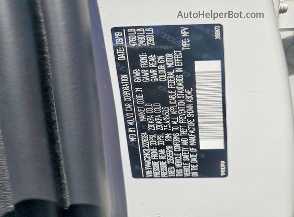 YV4AC2HK2L2226284 2020 VOLVO XC40 Белый Вид наклейки с VIN-кодом