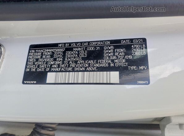YV4AC2HM4M2566667 2021 VOLVO XC40 White Widok wnętrza 360 stopni