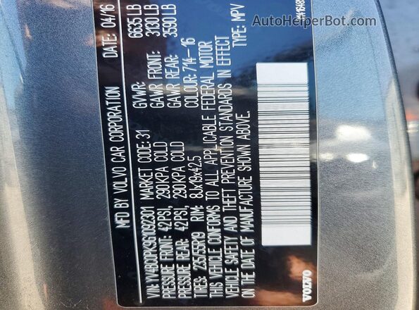 YV4BC0PK9G1092301 2016 VOLVO XC90 Silver Vista de la etiqueta del VIN