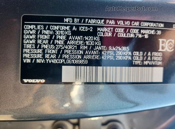 YV4BC0PL0G1089859 2016 VOLVO XC90 Silver Вид наклейки з VIN-кодом