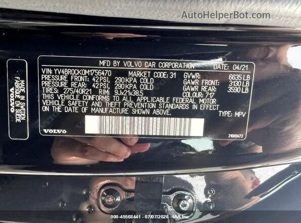 YV4BR0CK0M1756470 2021 VOLVO XC90 RECHARGE PLUG-IN HYBRID Black VIN კოდის სტიკერის ხედი
