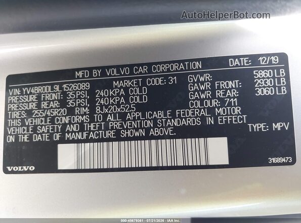 YV4BR0DL9L1526089 2020 VOLVO XC60 HYBRID Silver Vista del compartimento del motor