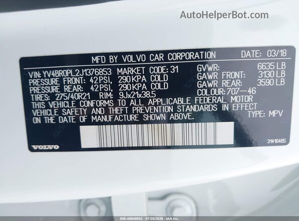 YV4BR0PL2J1376853 2018 VOLVO XC90 HYBRID White ძრავის განყოფილების ხედი