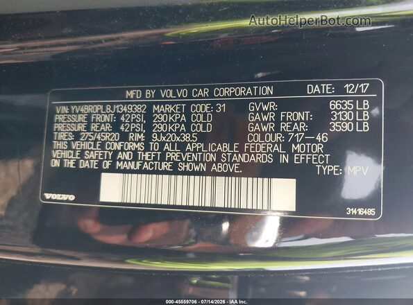 YV4BR0PL8J1349382 2018 VOLVO XC90 HYBRID Black Engine compartment view