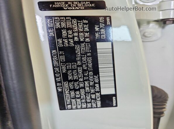 YV4ED3UR1M2558905 2021 VOLVO XC40 White VIN კოდის სტიკერის ხედი