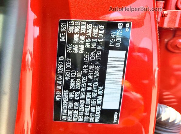 YV4ED3UR3M2568156 2021 VOLVO XC40 Red Widok naklejki z numerem VIN