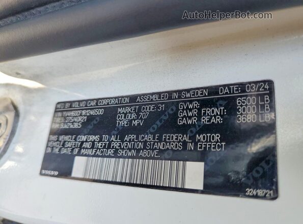 YV4H60CF1R1246500 2024 VOLVO XC90 White Widok naklejki z numerem VIN