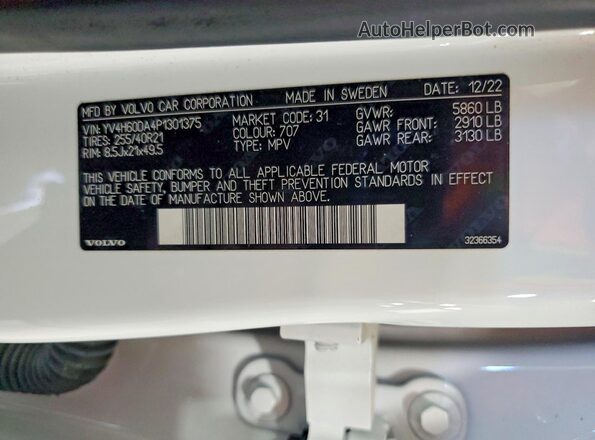 YV4H60DA4P1301375 2023 VOLVO XC60 White Widok wnętrza 360 stopni