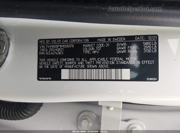 YV4H60DP1N1009376 2022 VOLVO XC60 RECHARGE PLUG-IN HYBRID White Engine compartment view